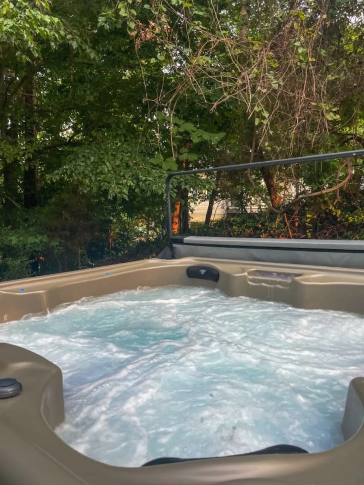 A hot tub surrounded by lush greenery, inviting guests to relax and unwind outdoors after an action-packed day. The tranquil setting is perfect for soothing tired muscles.